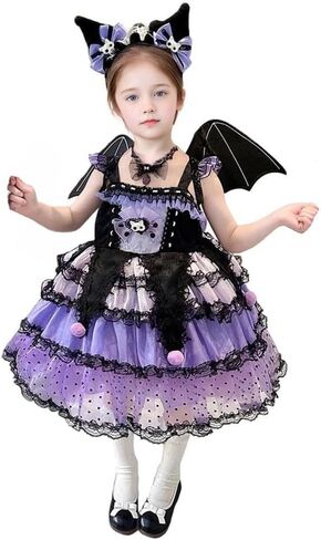Girls Princess Gothic Lolita Dress Purple and Black Lace Skirt with Wings and Headband Halloween Outfit in Saudi Arabia