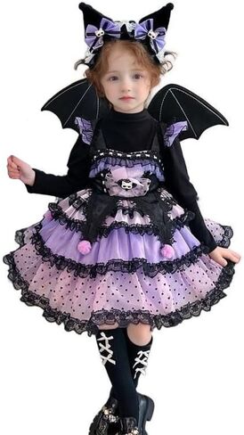 Girls Princess Gothic Lolita Dress Purple and Black Lace Skirt with Wings and Headband Halloween Outfit in Saudi Arabia