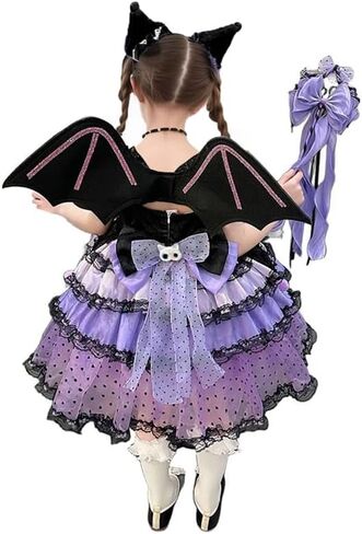 Girls Princess Gothic Lolita Dress Purple and Black Lace Skirt with Wings and Headband Halloween Outfit in Saudi Arabia