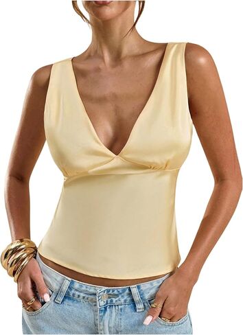 SOLY HUX Women's Satin Tank Tops V Neck Sleeveless Tie Back Silk Summer Going Out Top in Saudi Arabia