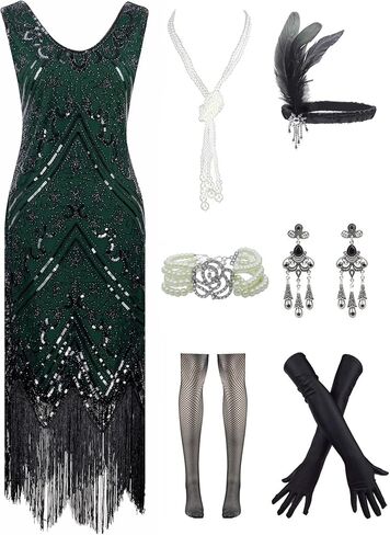 Women 1920s Sequin Vintage Flapper Fringe Beaded Gatsby Party Dress with 20s Accessories Set in Saudi Arabia