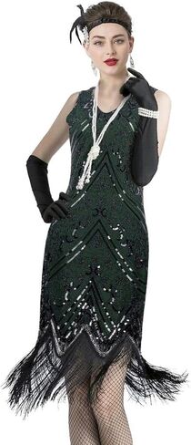 Women 1920s Sequin Vintage Flapper Fringe Beaded Gatsby Party Dress with 20s Accessories Set in Saudi Arabia