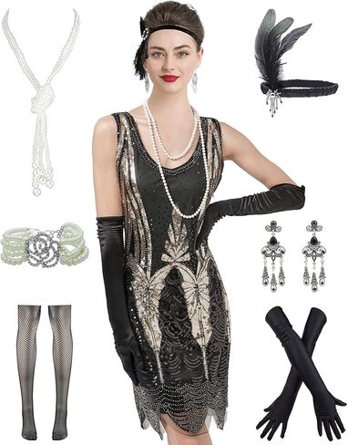 Women 1920s Sequin Vintage Flapper Fringe Beaded Gatsby Party Dress with 20s Accessories Set in Saudi Arabia