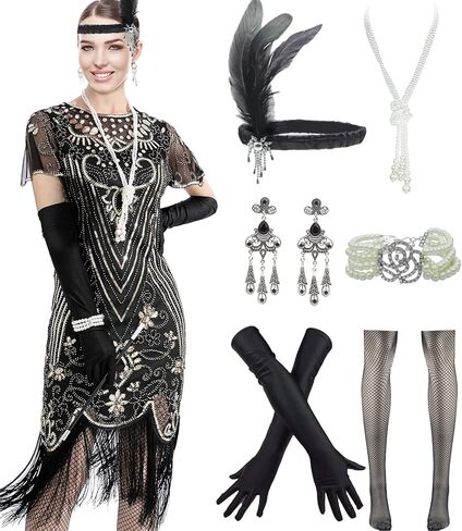 فستان حفلات غاتسبي مطرز بالترتر العتيق من عشرينيات القرن العشرين مع مجموعة إكسسوارات 20 ثانية in Kuwait