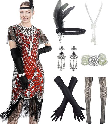 Women 1920s Sequin Vintage Flapper Fringe Beaded Gatsby Party Dress with 20s Accessories Set in Saudi Arabia