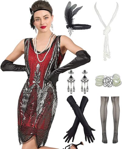 Women 1920s Sequin Vintage Flapper Fringe Beaded Gatsby Party Dress with 20s Accessories Set in Saudi Arabia