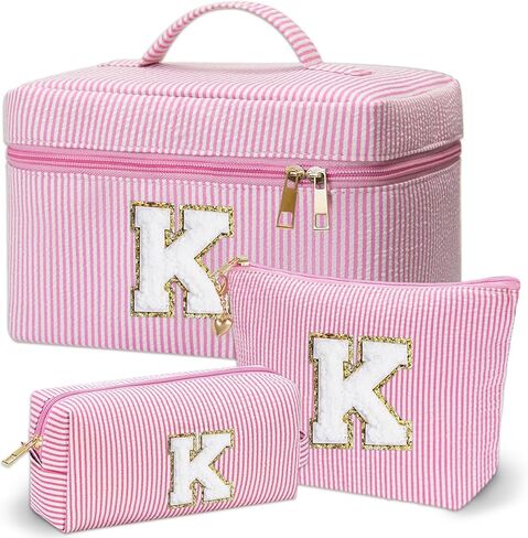 Personalized Monogram Makeup Bag, 3PCS Custom Monogrammed Toiletry Cosmetic Bag for 6-18 Teen Girls Women,Birthday Graduation Gifts Initial Pouch Makeup Bags for Women Girls, Make Up Bag (K, Pink) in Saudi Arabia