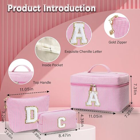 Personalized Monogram Makeup Bag, 3PCS Custom Monogrammed Toiletry Cosmetic Bag for 6-18 Teen Girls Women,Birthday Graduation Gifts Initial Pouch Makeup Bags for Women Girls, Make Up Bag (K, Pink) in Saudi Arabia