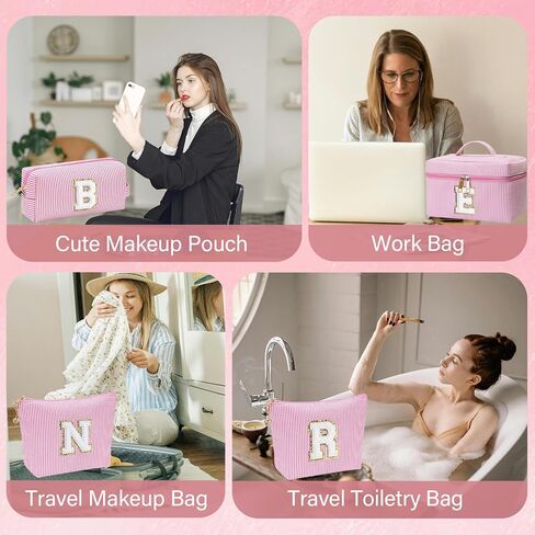 Personalized Monogram Makeup Bag, 3PCS Custom Monogrammed Toiletry Cosmetic Bag for 6-18 Teen Girls Women,Birthday Graduation Gifts Initial Pouch Makeup Bags for Women Girls, Make Up Bag (K, Pink) in Saudi Arabia