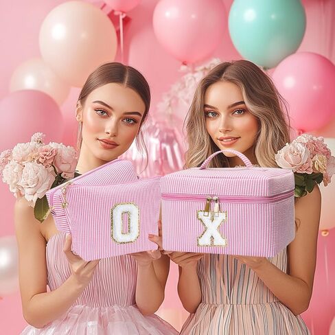 Personalized Monogram Makeup Bag, 3PCS Custom Monogrammed Toiletry Cosmetic Bag for 6-18 Teen Girls Women,Birthday Graduation Gifts Initial Pouch Makeup Bags for Women Girls, Make Up Bag (K, Pink) in Saudi Arabia