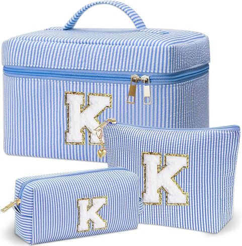 Personalized Monogram Makeup Bag, 3PCS Custom Monogrammed Toiletry Cosmetic Bag for 6-18 Teen Girls Women,Birthday Graduation Gifts Initial Pouch Makeup Bags for Women Girls, Make Up Bag (K, Pink) in Saudi Arabia