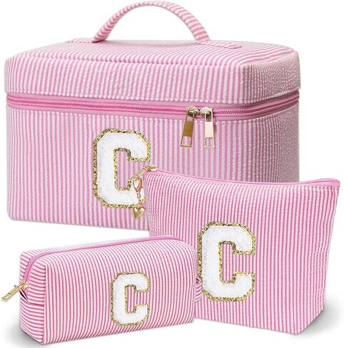 Personalized Monogram Makeup Bag, 3PCS Custom Monogrammed Toiletry Cosmetic Bag for 6-18 Teen Girls Women,Birthday Graduation Gifts Initial Pouch Makeup Bags for Women Girls, Make Up Bag (K, Pink) in Saudi Arabia
