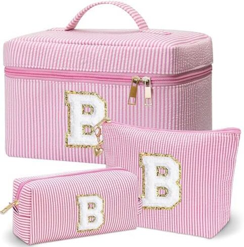 Personalized Monogram Makeup Bag, 3PCS Custom Monogrammed Toiletry Cosmetic Bag for 6-18 Teen Girls Women,Birthday Graduation Gifts Initial Pouch Makeup Bags for Women Girls, Make Up Bag (K, Pink) in Saudi Arabia