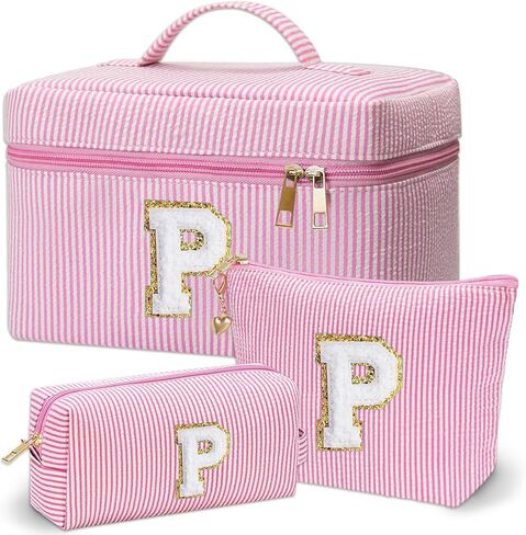 Personalized Monogram Makeup Bag, 3PCS Custom Monogrammed Toiletry Cosmetic Bag for 6-18 Teen Girls Women,Birthday Graduation Gifts Initial Pouch Makeup Bags for Women Girls, Make Up Bag (K, Pink) in Saudi Arabia