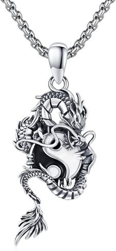 قلادة تنين هاجو يين يانغ S925 من الفضة الاسترليني قلادة على شكل حيوان مجوهرات ينيانغ هدية عيد ميلاد للنساء والرجال in Kuwait