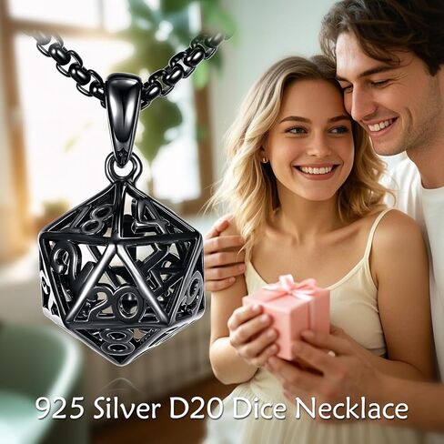 HUKKUN D20 النرد قلادة الفضة الاسترليني الأسود 3D الجوف النرد هدية مجوهرات للرجال in Saudi Arabia