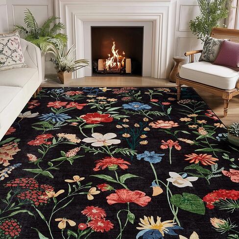 GarveeHome 2x6 Runner Rug for Hallway, Floral Washable Area Rugs Low Pile, Soft Non Slip Vintage Carpet for Living Room, Bedroom, Kitchen, Dining Room, Black in Saudi Arabia