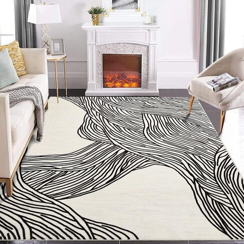 GAOMON 5x7 Area Rugs Washable Rug Non Slip Modern Rug Soft Faux Wool Carpet Indoor Contemporary Stripes Rugs Non Shedding Black White Print Carpet for Bedroom Living Room Dining Room Office Cream in Saudi Arabia