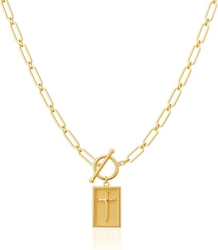 VANGAU Cross Necklace for Women 14K Gold Plated Cross Pendant, Chunky Paperclip Chain with Toggle Clasp Religious Jewelry Gift for Baptism, Communion, Valentine in Saudi Arabia