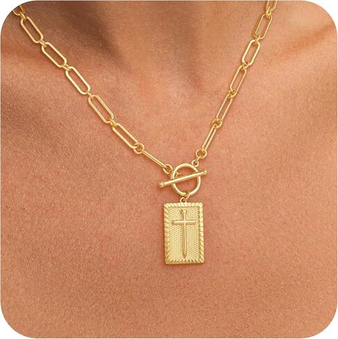 VANGAU Cross Necklace for Women 14K Gold Plated Cross Pendant, Chunky Paperclip Chain with Toggle Clasp Religious Jewelry Gift for Baptism, Communion, Valentine in Saudi Arabia
