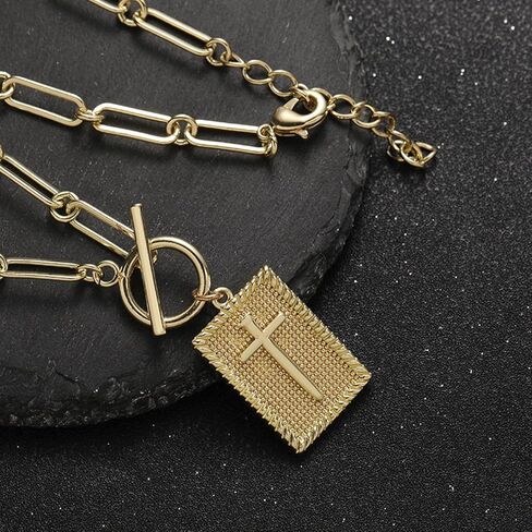 VANGAU Cross Necklace for Women 14K Gold Plated Cross Pendant, Chunky Paperclip Chain with Toggle Clasp Religious Jewelry Gift for Baptism, Communion, Valentine in Saudi Arabia