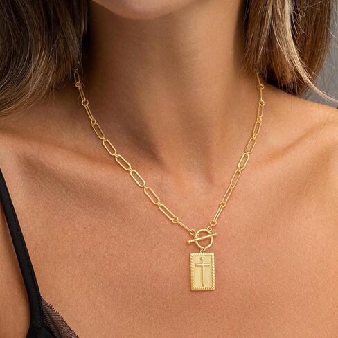 VANGAU Cross Necklace for Women 14K Gold Plated Cross Pendant, Chunky Paperclip Chain with Toggle Clasp Religious Jewelry Gift for Baptism, Communion, Valentine in Saudi Arabia