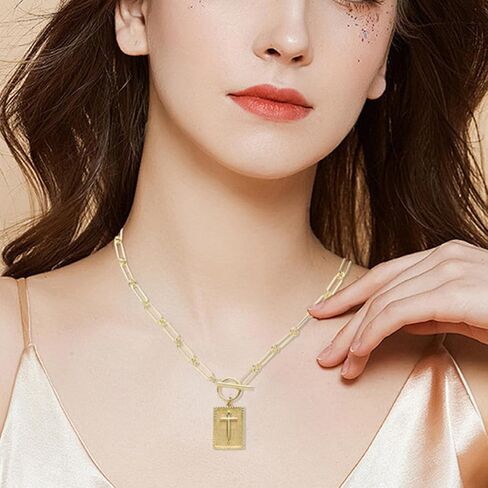 VANGAU Cross Necklace for Women 14K Gold Plated Cross Pendant, Chunky Paperclip Chain with Toggle Clasp Religious Jewelry Gift for Baptism, Communion, Valentine in Saudi Arabia