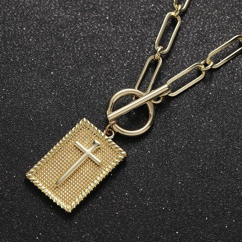 VANGAU Cross Necklace for Women 14K Gold Plated Cross Pendant, Chunky Paperclip Chain with Toggle Clasp Religious Jewelry Gift for Baptism, Communion, Valentine in Saudi Arabia