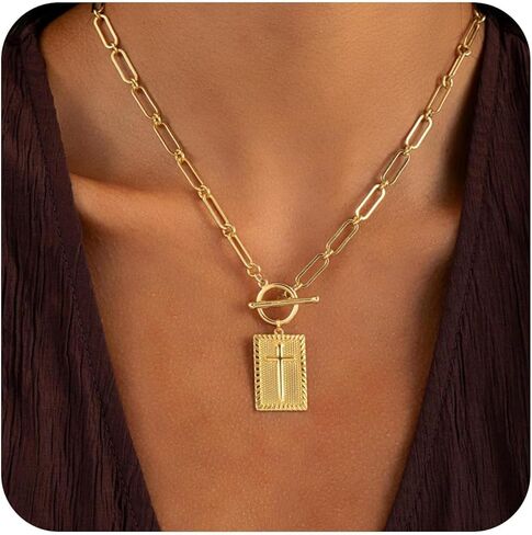 VANGAU Cross Necklace for Women 14K Gold Plated Cross Pendant, Chunky Paperclip Chain with Toggle Clasp Religious Jewelry Gift for Baptism, Communion, Valentine in Saudi Arabia