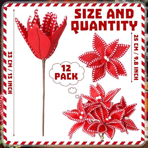 Canlierr 12 Pcs 13 x 10 Inch Red and White Christmas Poinsettia Flowers Decorations Large Candy Cane Christmas Tree Picks Ornaments Artificial Flowers for Xmas Tree Wreath Garland Party Vase Filler in Saudi Arabia