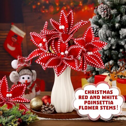 Canlierr 12 Pcs 13 x 10 Inch Red and White Christmas Poinsettia Flowers Decorations Large Candy Cane Christmas Tree Picks Ornaments Artificial Flowers for Xmas Tree Wreath Garland Party Vase Filler in Saudi Arabia