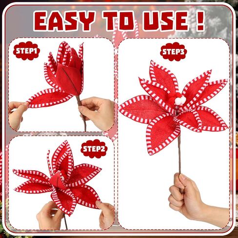 Canlierr 12 Pcs 13 x 10 Inch Red and White Christmas Poinsettia Flowers Decorations Large Candy Cane Christmas Tree Picks Ornaments Artificial Flowers for Xmas Tree Wreath Garland Party Vase Filler in Saudi Arabia