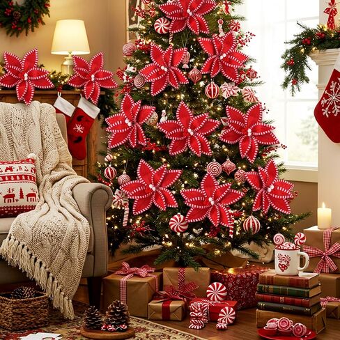 Canlierr 12 Pcs 13 x 10 Inch Red and White Christmas Poinsettia Flowers Decorations Large Candy Cane Christmas Tree Picks Ornaments Artificial Flowers for Xmas Tree Wreath Garland Party Vase Filler in Saudi Arabia