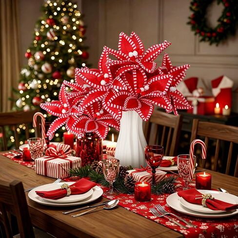Canlierr 12 Pcs 13 x 10 Inch Red and White Christmas Poinsettia Flowers Decorations Large Candy Cane Christmas Tree Picks Ornaments Artificial Flowers for Xmas Tree Wreath Garland Party Vase Filler in Saudi Arabia