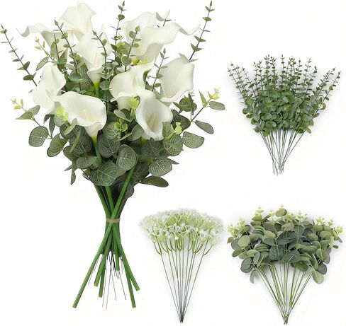 Qunwreath 4 Kinds 60PCS Fake Hydrangea Flowers and Eucalyptus Stems Babysbreath, Artificial Flower Greenery for Vase Home Decor Center of The Table Decor DIY Floral Decoration in Saudi Arabia