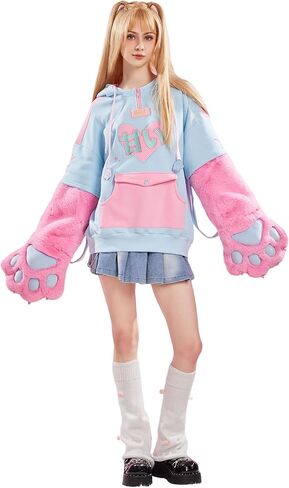 Winx Club Women's Pullover Hoodie with Detachable Furry Cat Paw Gloves and Handbag Dual-purpose Designed Sleeve in Saudi Arabia