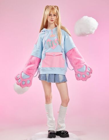 Winx Club Women's Pullover Hoodie with Detachable Furry Cat Paw Gloves and Handbag Dual-purpose Designed Sleeve in Saudi Arabia