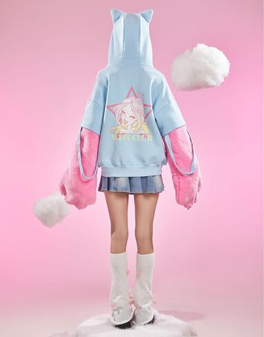 Winx Club Women's Pullover Hoodie with Detachable Furry Cat Paw Gloves and Handbag Dual-purpose Designed Sleeve in Saudi Arabia
