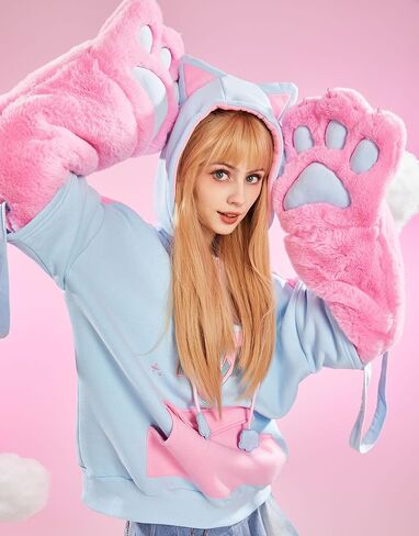Winx Club Women's Pullover Hoodie with Detachable Furry Cat Paw Gloves and Handbag Dual-purpose Designed Sleeve in Saudi Arabia