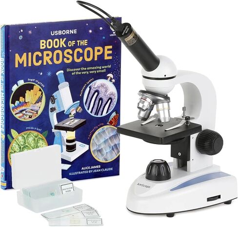 AmScope M149C-E2 مجهر أحادي العين مركب رقمي، عدسات WF10x وWF25x، تكبير 40x-1000x، إضاءة LED، Brightfield، مكثف أحادي العدسة، مرحلة عادية، 110 فولت أو يعمل بالبطارية، إطار معدني عالي التحمل، يتضمن كاميرا 2 ميجابكسل وبرامج in Kuwait