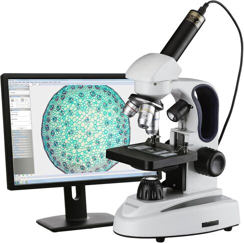 AmScope M149C-E2 مجهر أحادي العين مركب رقمي، عدسات WF10x وWF25x، تكبير 40x-1000x، إضاءة LED، Brightfield، مكثف أحادي العدسة، مرحلة عادية، 110 فولت أو يعمل بالبطارية، إطار معدني عالي التحمل، يتضمن كاميرا 2 ميجابكسل وبرامج in Kuwait