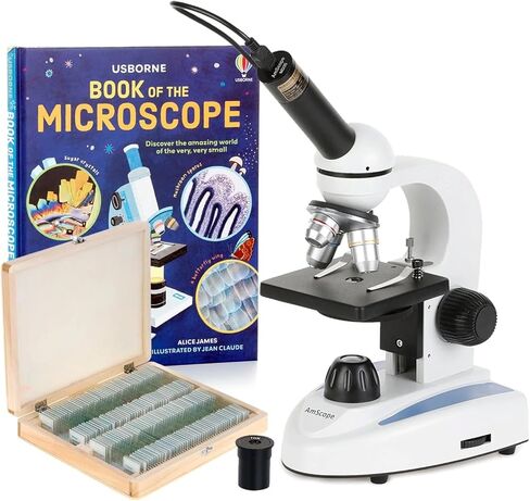 AmScope M149C-E2 مجهر أحادي العين مركب رقمي، عدسات WF10x وWF25x، تكبير 40x-1000x، إضاءة LED، Brightfield، مكثف أحادي العدسة، مرحلة عادية، 110 فولت أو يعمل بالبطارية، إطار معدني عالي التحمل، يتضمن كاميرا 2 ميجابكسل وبرامج in Kuwait