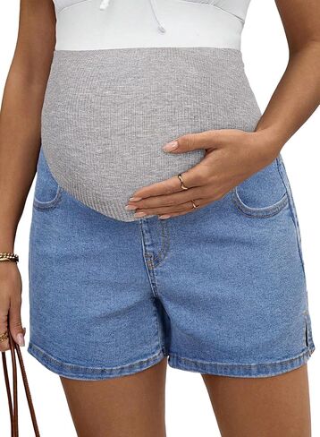 BLENCOT Women's Maternity Denim Shorts Over Belly Pregnancy Lounge Workout Jeans Short with Pockets in Saudi Arabia