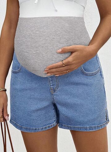 BLENCOT Women's Maternity Denim Shorts Over Belly Pregnancy Lounge Workout Jeans Short with Pockets in Saudi Arabia