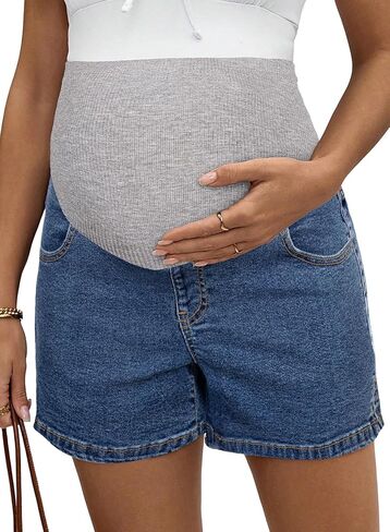 BLENCOT Women's Maternity Denim Shorts Over Belly Pregnancy Lounge Workout Jeans Short with Pockets in Saudi Arabia