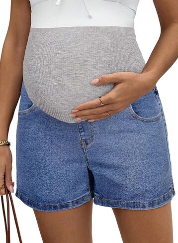 BLENCOT Women's Maternity Denim Shorts Over Belly Pregnancy Lounge Workout Jeans Short with Pockets in Saudi Arabia