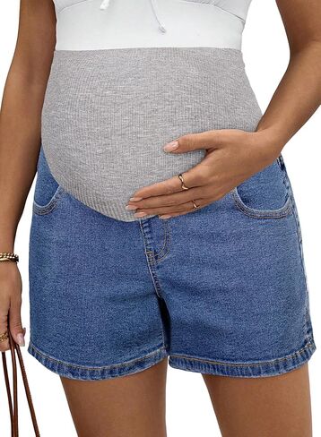 BLENCOT Women's Maternity Denim Shorts Over Belly Pregnancy Lounge Workout Jeans Short with Pockets in Saudi Arabia