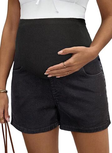 BLENCOT Women's Maternity Denim Shorts Over Belly Pregnancy Lounge Workout Jeans Short with Pockets in Saudi Arabia