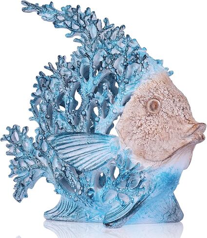 Beach Coastal Decor Turquoise Coral Reef Angelfish Figurines, Modern Nautical Decor Ocean Centerpieces for Living Room, Bathroom, Office, Coffee Table, Beach House, Seaside, Entrance, Shelf Decorative in Saudi Arabia