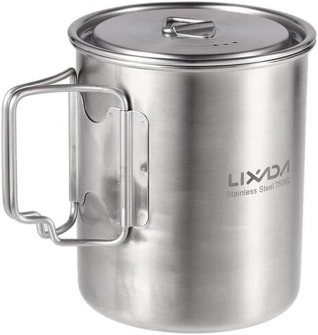 Camping Cup, 750ml Stainless Steel Pot Portable Water Mug Cup with Lid and Foldable Handle Outdoor Camping Cooking Picnic in Kuwait